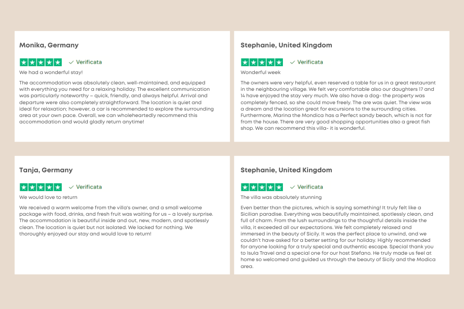 trustpilot guest reviews of IsulaTravel holiday villa
